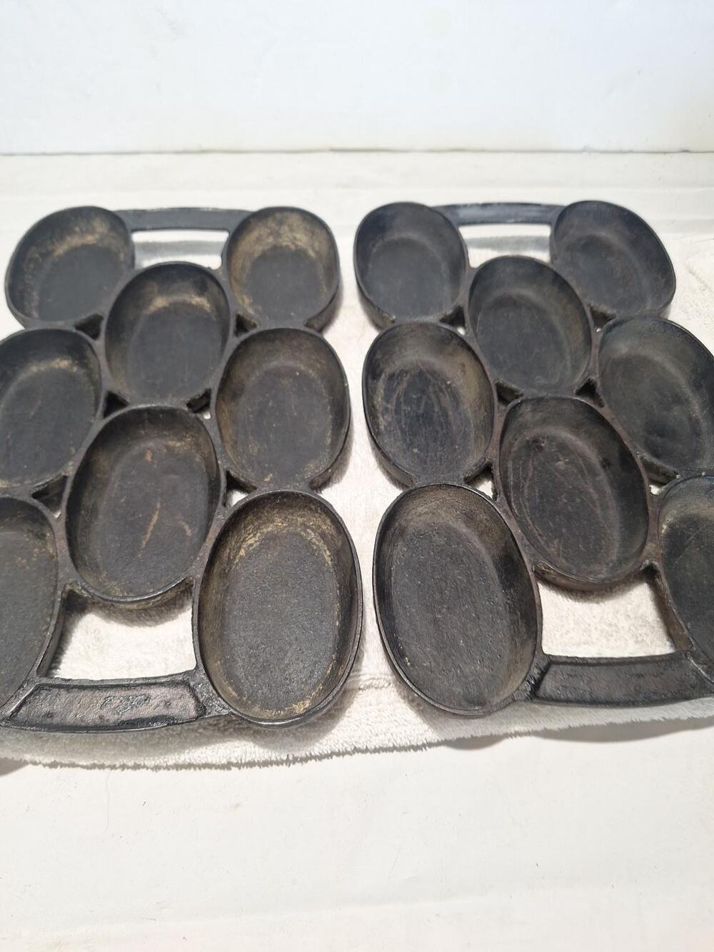 2 Vintage Cast Iron No 5 Oval Gem Pan 8 Well Muffin Mold - Matching Pair Antique